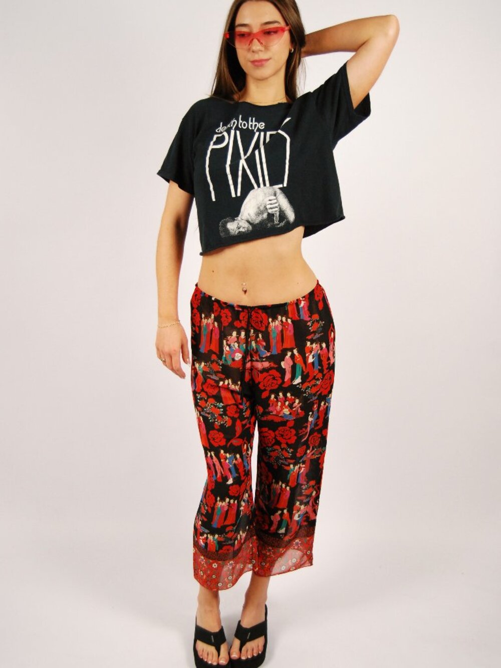 Y2K Graphic Flowy Pants (M) medium red black vintage womens geisha natori asia
